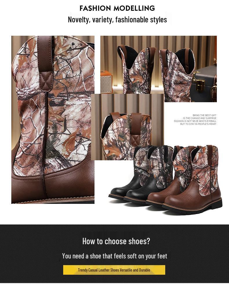 Men's Large Leather High-Top Boots - Autumn/Winter Fashion, Trendy Western Cowboy, Thick Sole, Non-Slip Knight Design