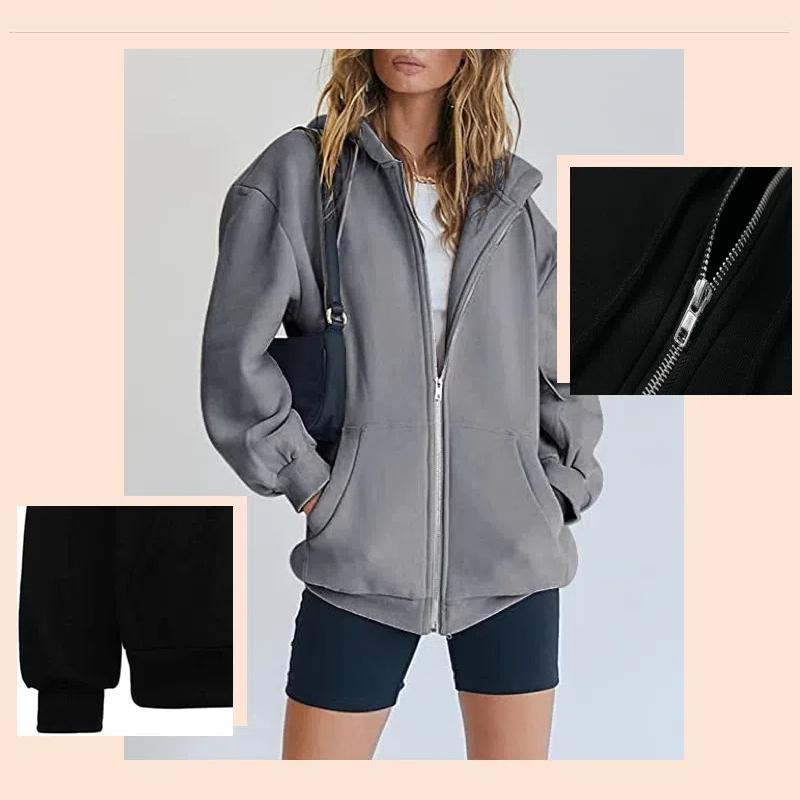 Damen Kordelzug Reißverschluss Niedliche Hoodies Herbstjacke Übergroß Lässige Sweatshirts mit Tasche