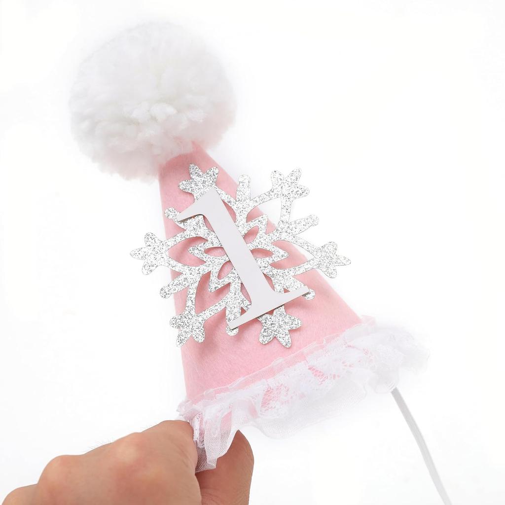 Winter Onederland 1st Birthday Hat - Pink Snowflake First Birthday Cone Hat, Winter Wonderland Party Supplies Decor for Girl, Snowflake Photo Props