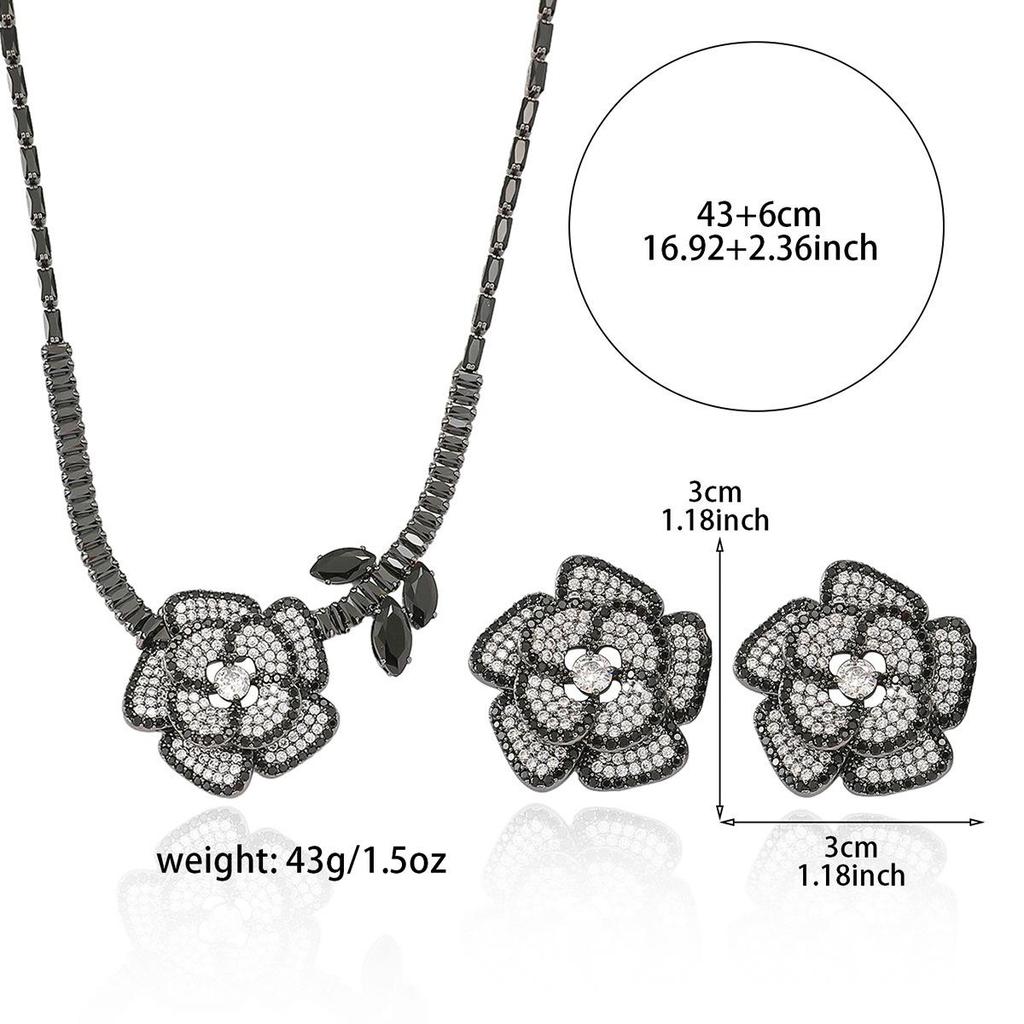 Black Rose Zirconia Flower Necklace and Earrings Set for Women