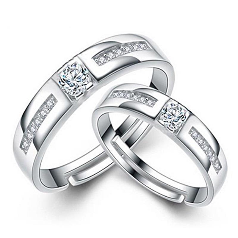 European & American Silver-Plated Zircon Wedding Rings - Korean Style Open Couple Rings for Women