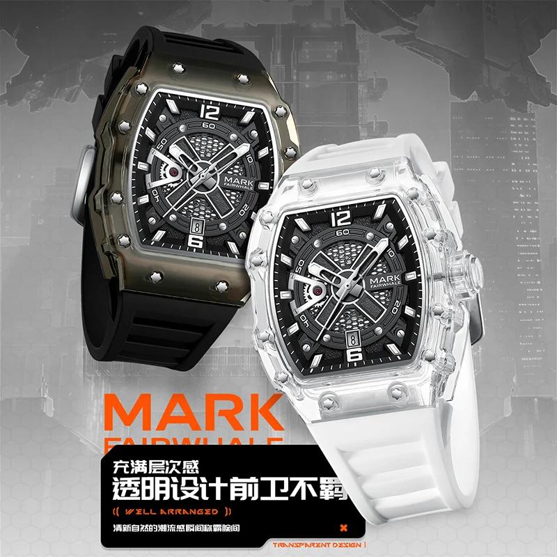 Mark Fairwhale Herren S Automatische Mechanische Skelettuhr Transparentes Design Acrylgehäuse 43mm Gummiarmband Wasserdicht Leuchtend