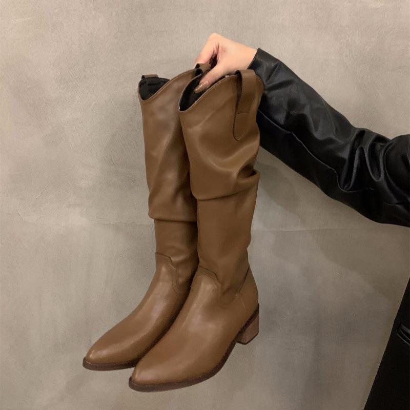 Vintage brown V-mouth stack medium tube boots women's shoes 2025 spring and autumn winter pointed western cowboy boots