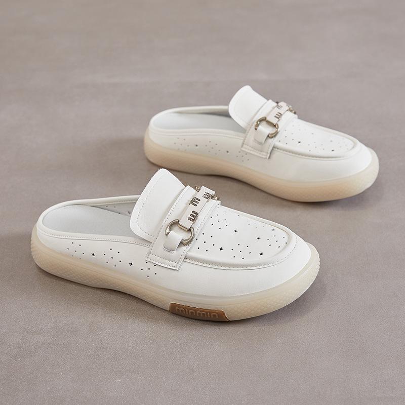 Baotou Slippers Women's 2025 Summer New Casual Versatile Cowhide Half-towed Soft Bottom Outer Wear Hollow Breathable Cool Slippers