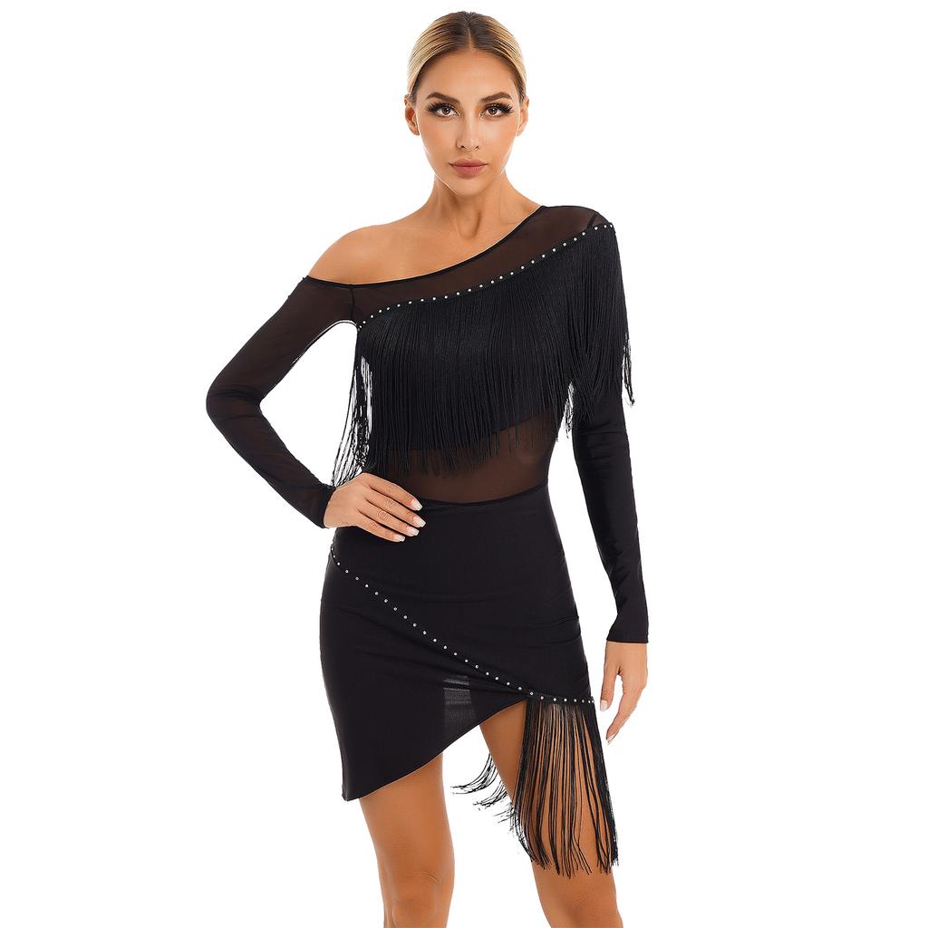 Womens Tango Dance Dress Oblique Shoulder Fringed Design with Sheer Mesh Patchwork and Irregular Hem Latin Costume