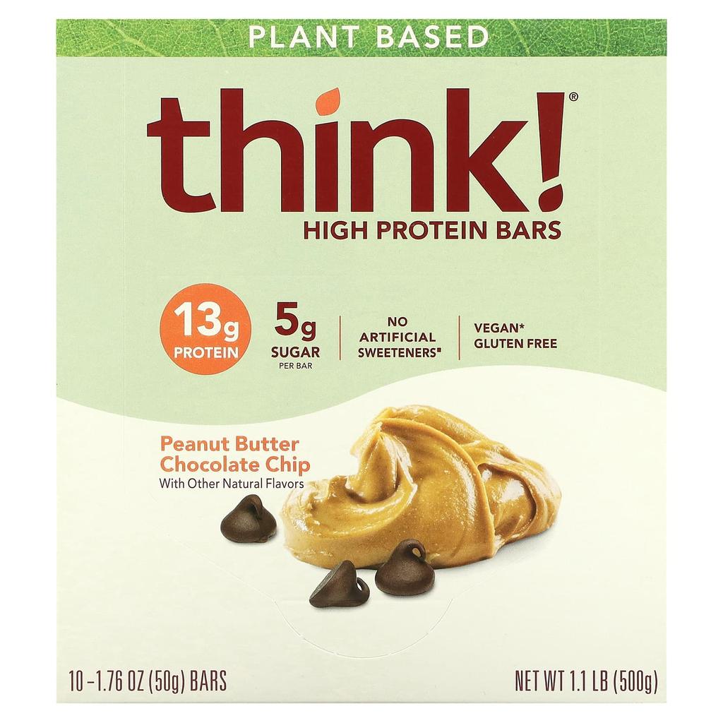 Think!, High Protein Bar, Peanut Butter Chocolate Chip, 10 Bars, 50 G (1.76 Oz) Each