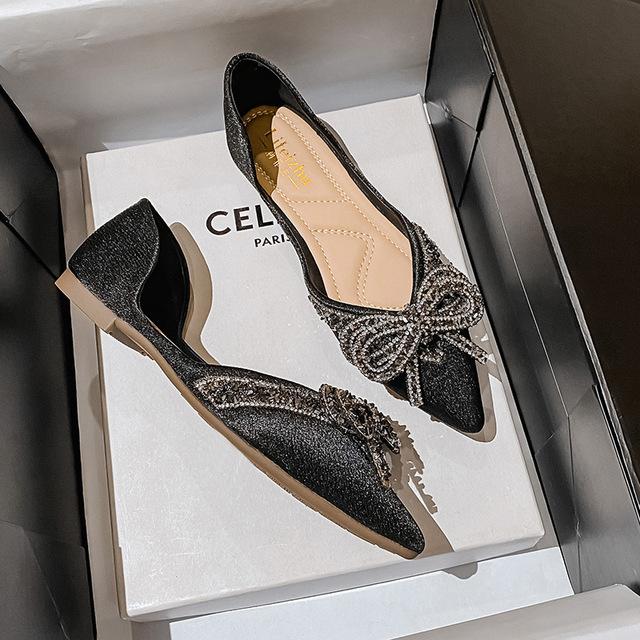 

Большие размеры 35–43, женские туфли на плоской подошве с острым носком, блестящие туфли с бриллиантами и бантом для свадебной вечеринки, модные балетки без шнуровки для женщин и девочек 43 чёрный