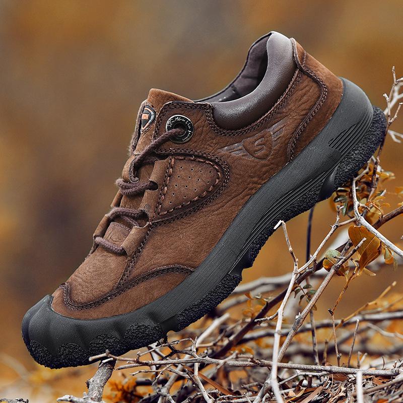 Men's Cowhide Hiking Shoes - Autumn/Winter, Soft Sole, Lace-up, Low-top, Outdoor Casual Travel Shoes