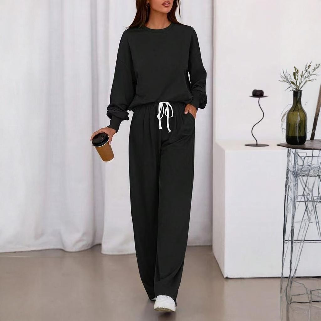 Fashion Women's Casual Suit Long Sleeved Casual Wide Leg Pants Set