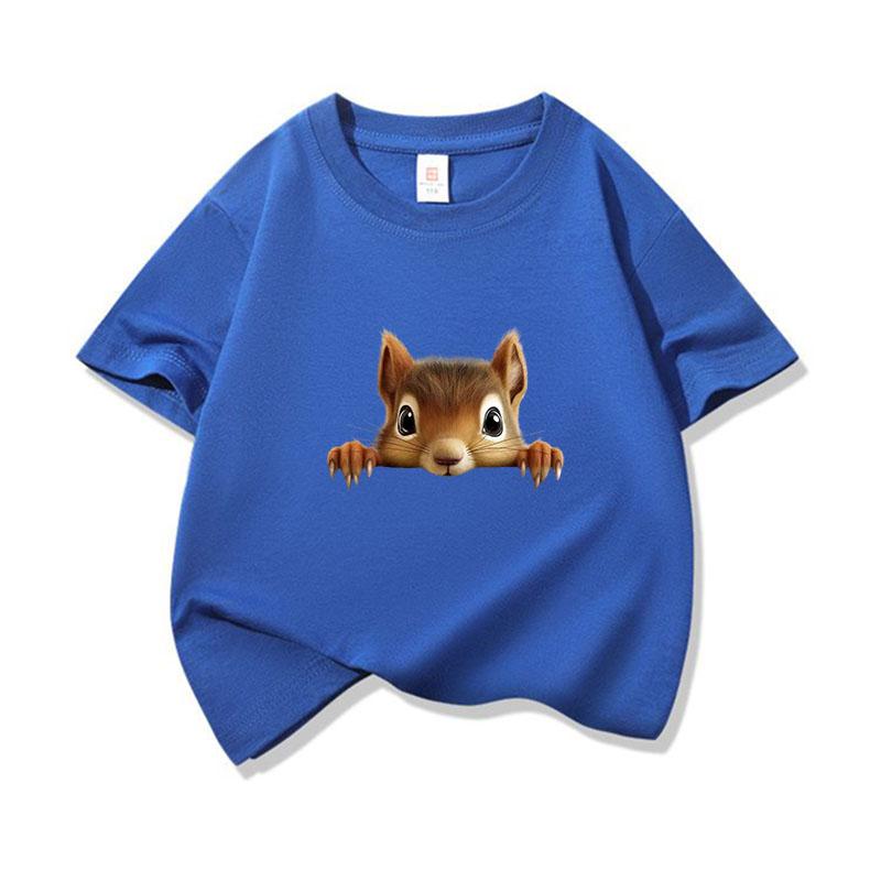 Kids Cotton T Shirt Cute Peeking Squirrel Print Crew Neck Short Sleeve Tee Casual Breathable Boys Girls Summer Tops