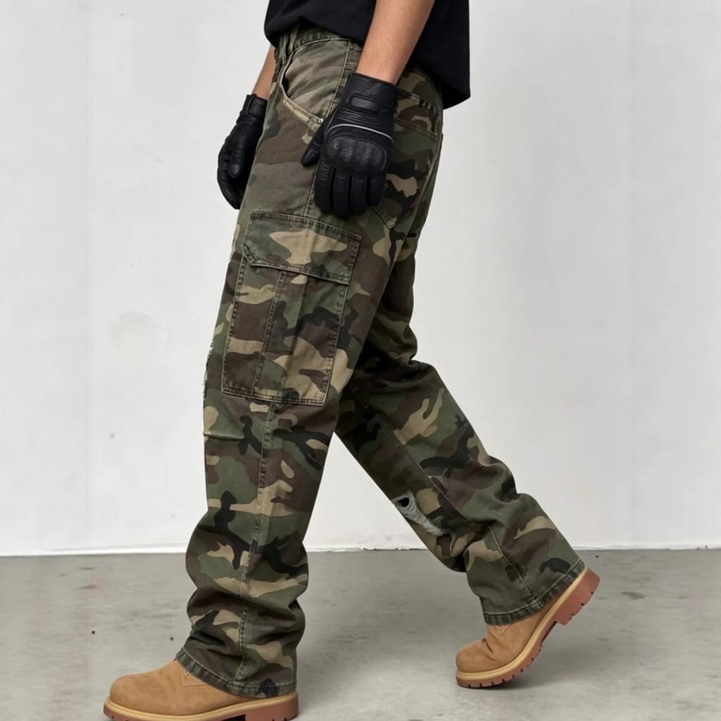 Amerikaanse street-washed camouflage werkbroek jeans, nieuwe gescheurde rechte pijp trendy denim broek