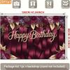 2D Birthday Photography Backdrop Burgundy Background with Purple Flowers and Satin Ribbons
