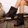 Dicker Absatz Damen Western Cowboy Stiefel Mode Gürtelschnalle Slipper Damenschuhe Vintage Plissierte Kurze Stiefeletten