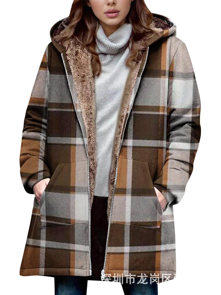 Women's Fleece Hooded Sweatshirt Print Trench Coat Thick Warm Top