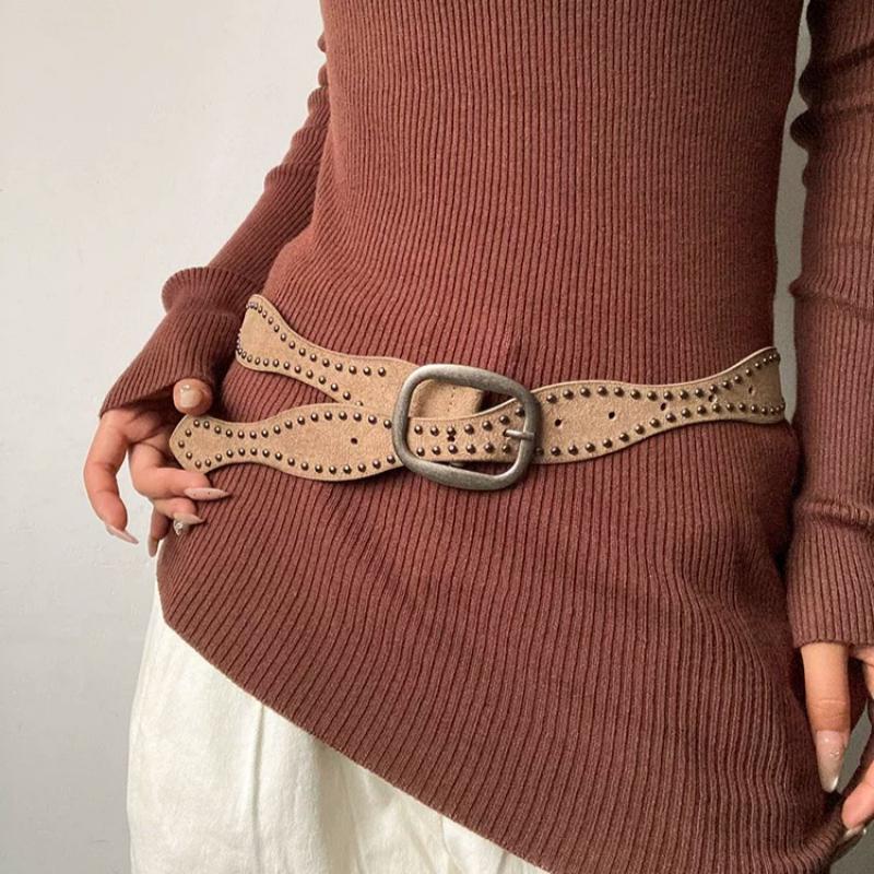 Women's Vintage Rivet Belt New Fashion Wide Waist Cummerbund Niche Design Leather Belt for Jeans Dresses Punk