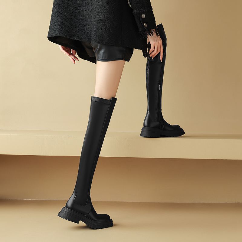 Krazing Pot Microfiber Autumn Winter Shoes Med Heels Flat Platform Size 42 Over-the-knee Boots Slip On Elastic Thigh High Boots