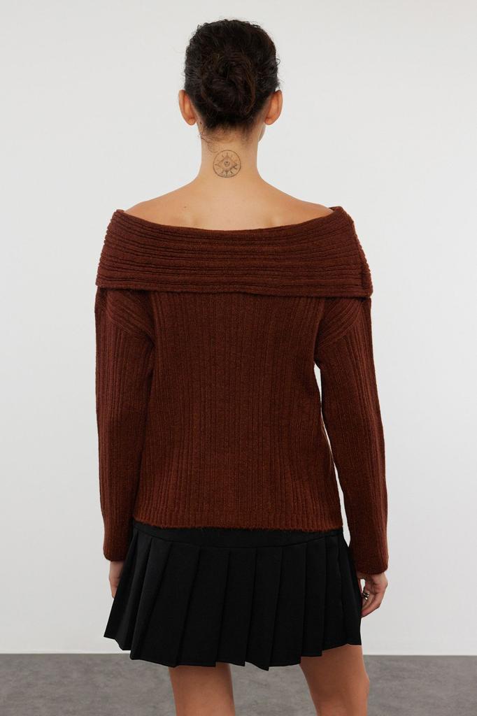 Women's Fashion Stylish Sweater Plum Soft Textured Carmen Collar Knitwear Sweater