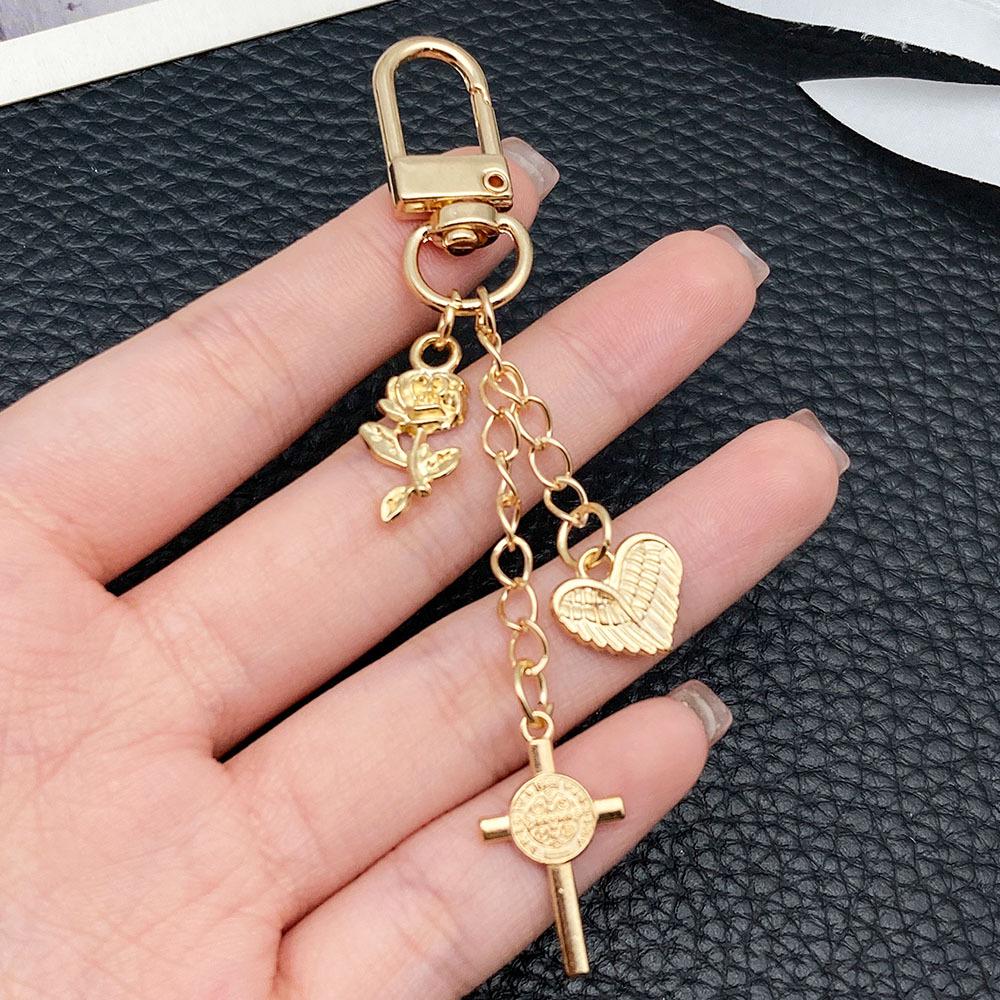 Gold Rose Heart Wings Cross Alloy Keychain Pendant
