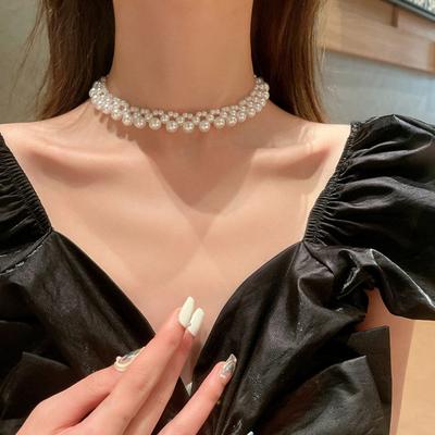 Adjustable Extension Chain Retro Necklace Faux Three Layers Women Pearls Short Necklace Jewelry Accessories