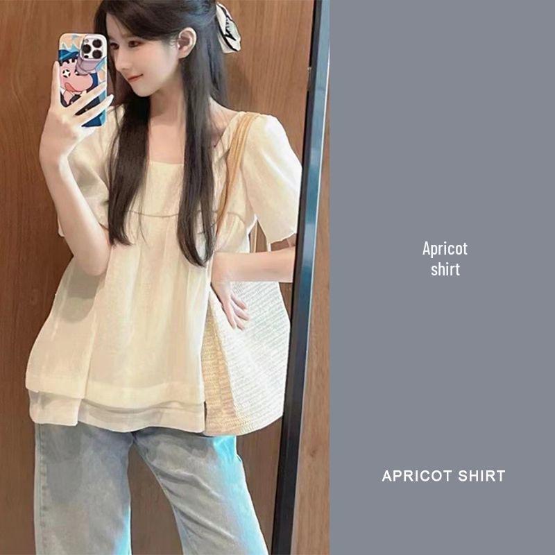 

French Romance Ruffle Sleeve Shirt & Straight-Leg Jeans Two-Piece Set for Women S (Suggest 40-46 kg)