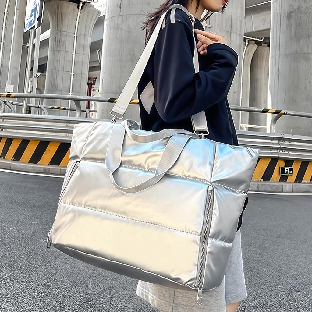 Large Capacity Quilted Nylon Tote Bag for Women Winter Spacious Women's Shoulder Bag for Gym Yoga Shopping Solid Color Padded Space Handbags for Women
