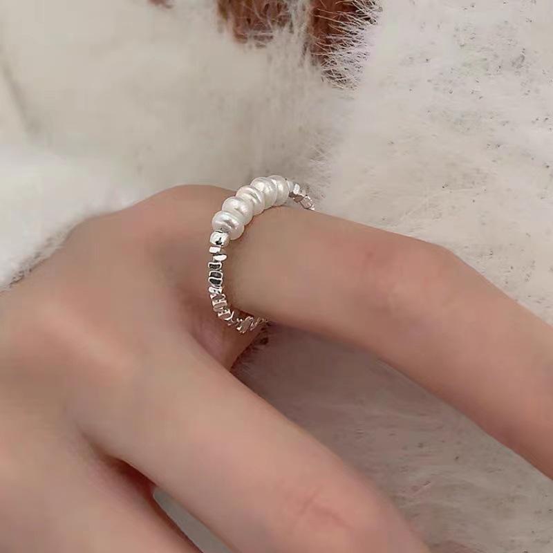 S925 Sterling Silver Irregular Pearl Letter Adjustable Ring for Women
