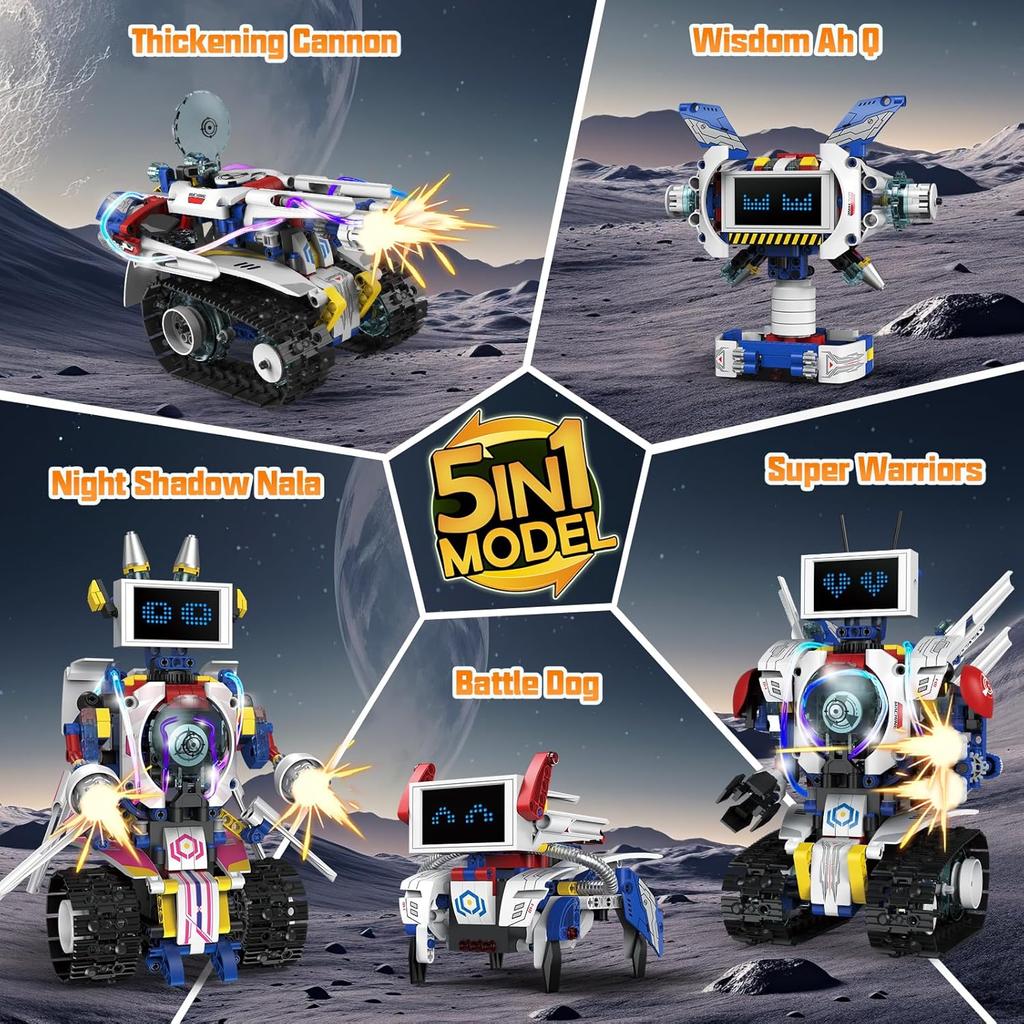 5 in 1 STEM Robot Building Toys Kit, 620Pcs DIY,APP & Remote Control Screen, Eye Coding Rechargeable, Warriors, Birthday Gifts