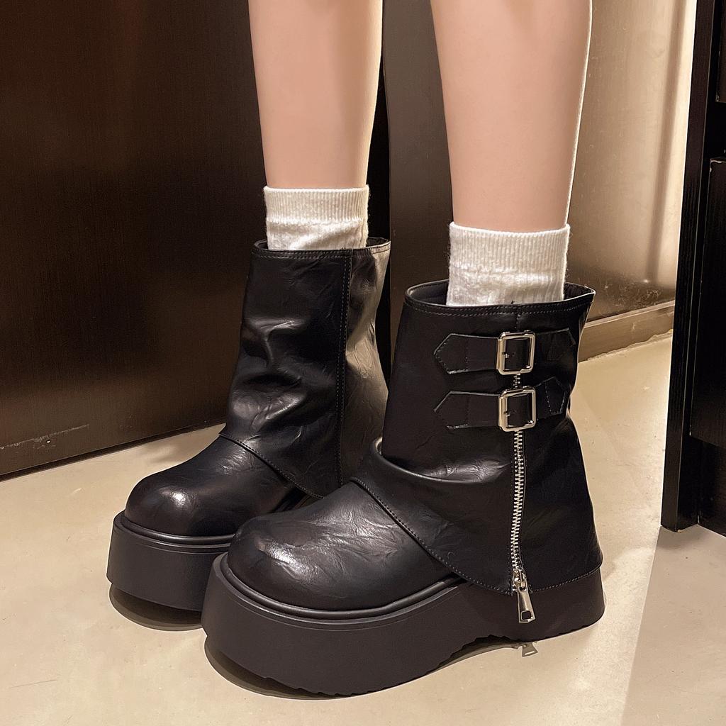 Soft Leather Ankle Mid Calf Boots Winter Autumn High Platform Wedge British Booties Woman New Ladies Chunky Motorcycle Boots 9CM