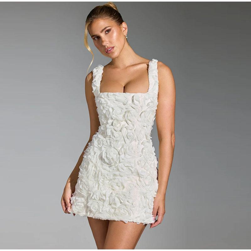 

Лето 2025 Платье-сарафан с квадратным вырезом и 3D-цветами Женское сексуальное приталенное платье без рукавов с халтером, дизайн со шнуровкой, модное вечернее платье S белый