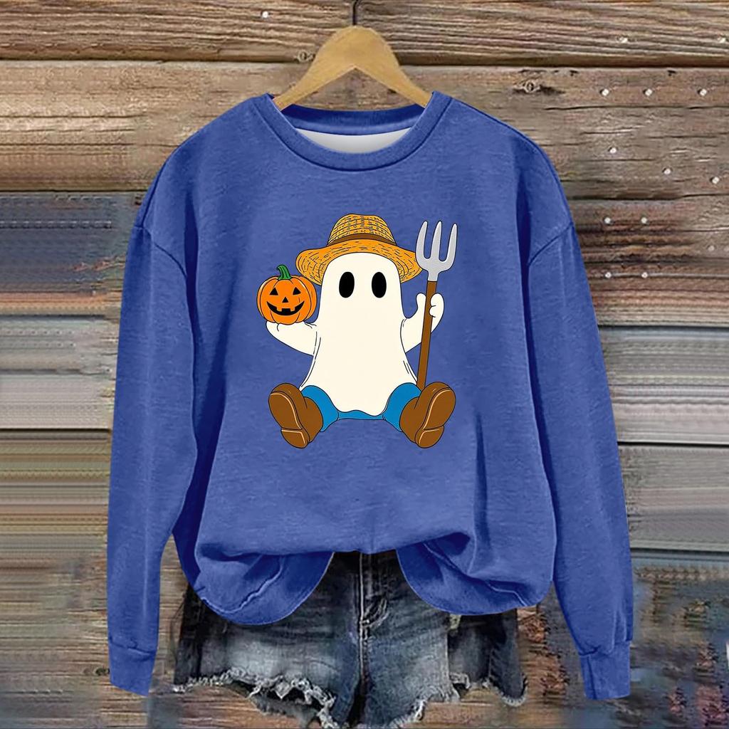 Women's Fashion Long Sleeve Halloween Print Round Neck Sweatshirt Top
