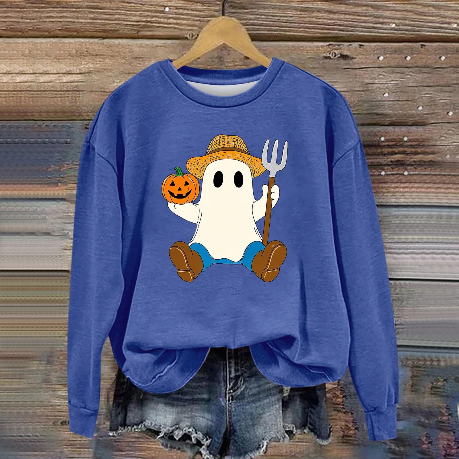 

Women s Fashion Long Sleeve Halloween Print Round Neck Sweatshirt Top L синій