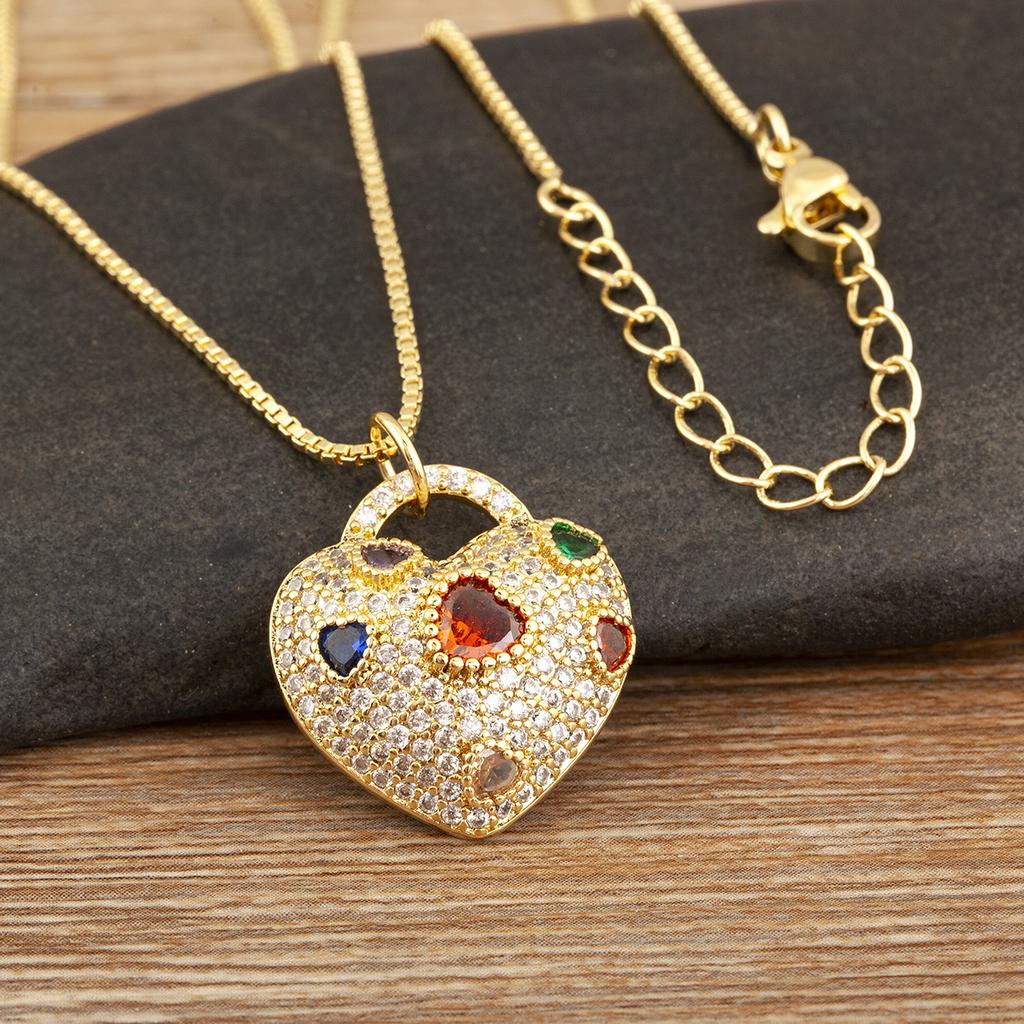 Nidin New Fashion Heart Shape Hollow Design Delicate Pendant Necklace For Women Men Inlaid Colorful Zircon Jewelry Birthday Gift