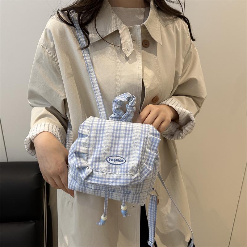 1Pcs Large Capacity Bow Shoulder Bag Multi Functional Korean Style Lace Plaid Backpack Travel Canvas Backpack Book Bag