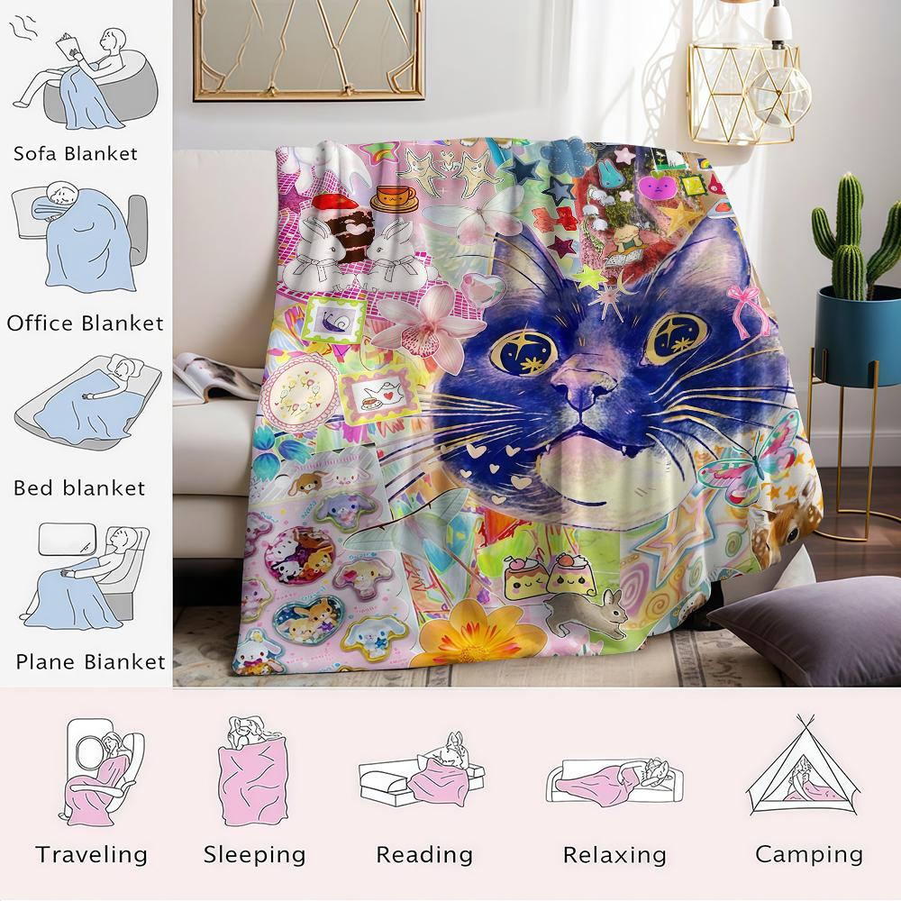 Kawaii Cat Collage Flannel Blanket Warm Soft Halloween Christmas Couch Warm Cozy Decorative Decor Gift for All Season