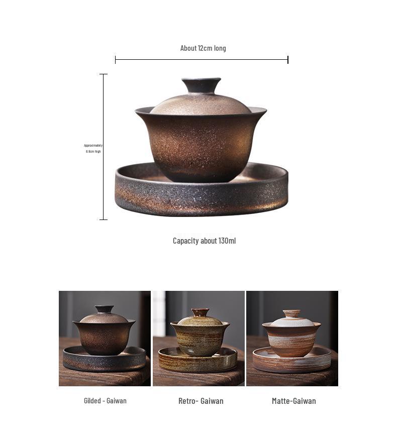 Imitation Wood-Fired Gaiwan Tea Set: Retro Old Rock Mud Three-Piece Kung Fu Tea Cup and Bowl with Free Shipping