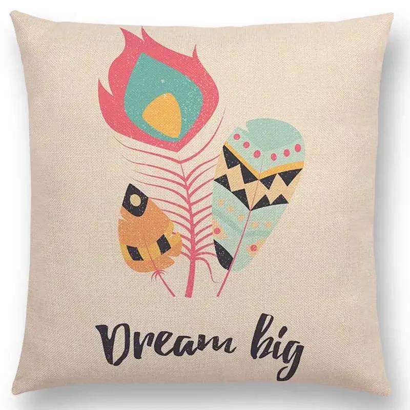 Feather Pattern Decorative Letters Cushion Cover Beautiful Word Be Brave Kind Dream Home Decor Sofa Throw Pillow Case