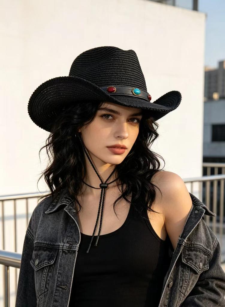 Cowboy Hat Western Male and Female Duck Tongue Fisherman Eaves Sunscreen Straw Hat Outdoor Shading Tourism Mountaineering Tibetan Self-operated