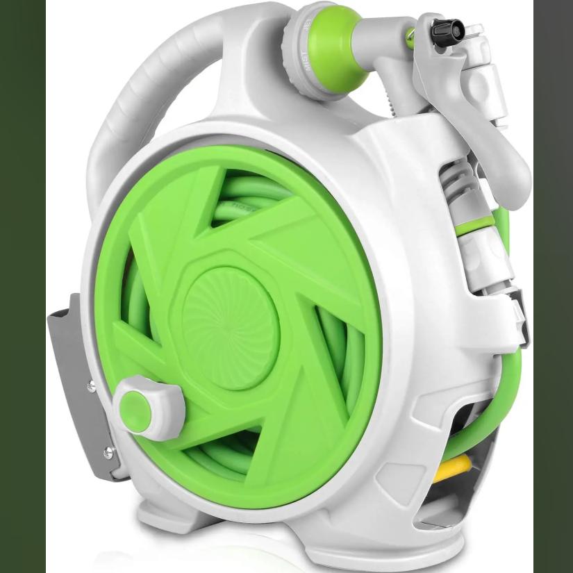 46FT Retractable Garden Hose Reel Heavy Duty Wall Mount Auto Lock Length Control Tangle Free Watering with 7 Pattern Nozzle