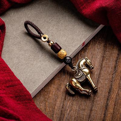 Keychain Pendant Brass Horse Charm Car Key Chain with Hand-Braided Cord Beadwork Immediate Success Bag Charm Car Ornament