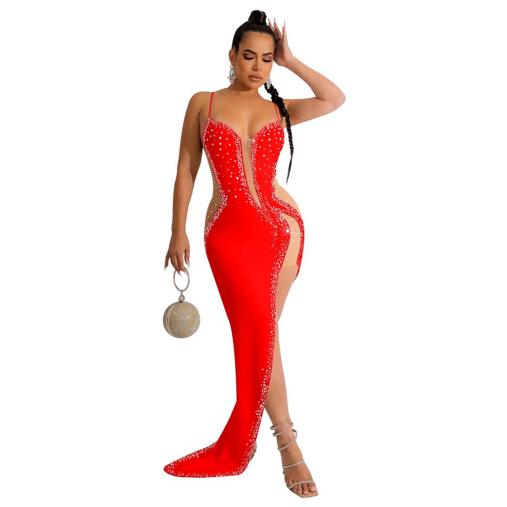 Women's Fashion Solid Color V-Neck Sleeveless Long Dress with Hot Drilling
