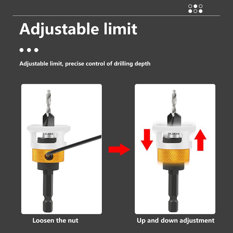 1 buc Limitator pentru prelucrarea lemnului Freză cu alezor cu patru muchii Cap din aliaj Burghiu cu gaură conică Adâncime reglabilă Burghiu în trepte Alezor pentru șuruburi ascunse