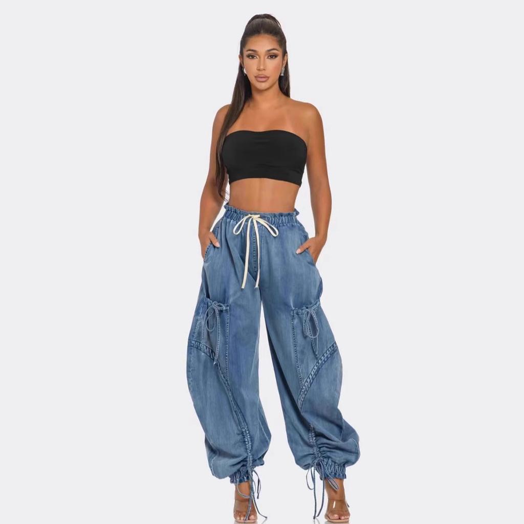 Sexy Wide Leg Jeans with Lacing Cargo Pants Women High-waisted Elegant Streetwear Denim Loose Trousers