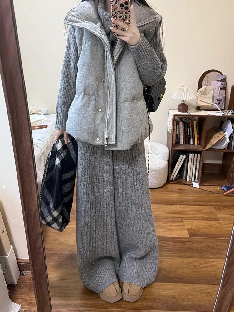 Retro Three-Piece Winter Set: Grey Knitted Cardigan, Warm Cotton Vest, and Cozy Pants