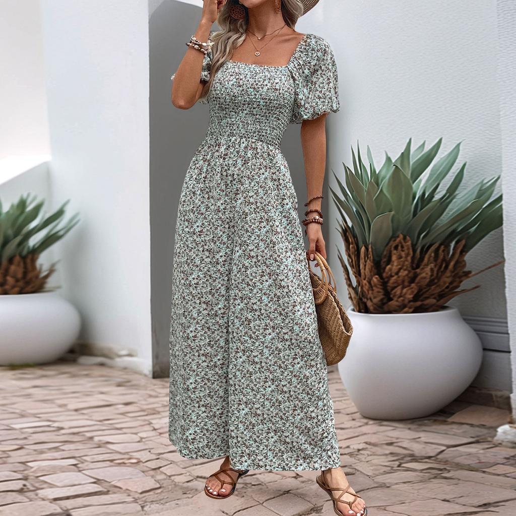 Women's Square Neck Puff Sleeve Wide Leg Printed Jumpsuit