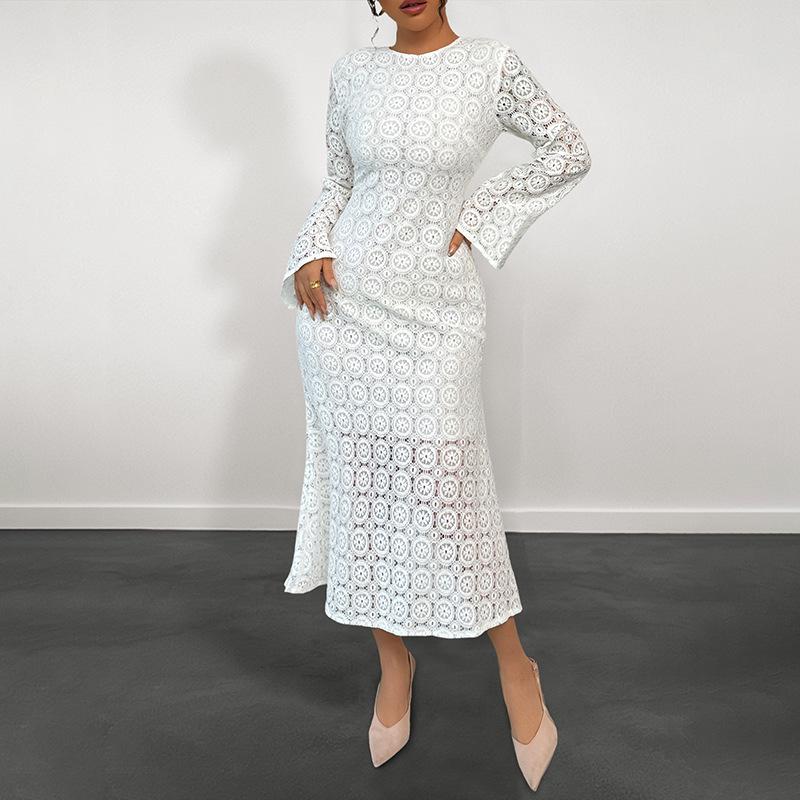European & American 2025 Spring/Autumn Elegant Fishtail Skirt Long Sleeve Lace White Dress