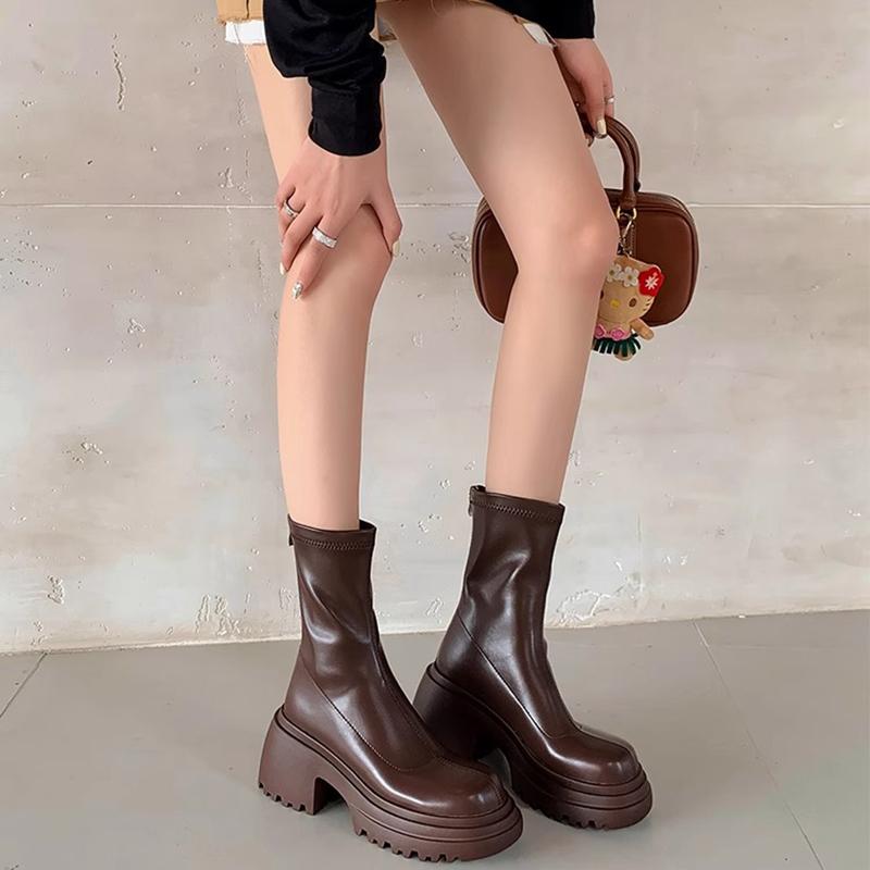 Fashion Platform High Heel Women Ankle Boots Fashion Thick Bottom Elastic Slim Female Short Booties