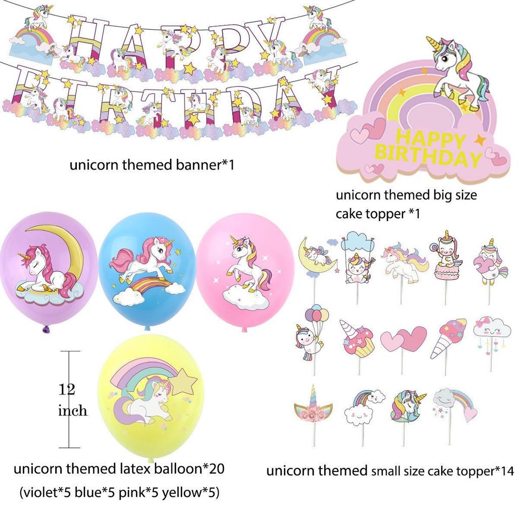 Cartoon Unicorn-themed Birthday Party Decoration Items, Cute White Horse Balloon Cake, Banner and Banner Set