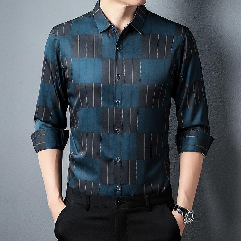 

Shirt Long-sleeved Lapel Striped Contrast Button Cardigan Spring and Autumn Casual Men s Clothing Business Fashion Top L синій