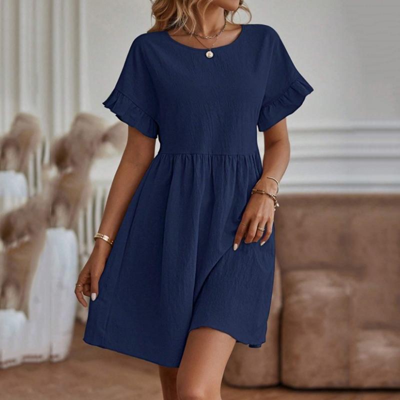 Summer Short Sleeve Women Dress Casual Elegant Round Neck Loose Vintage Dress for Women Fashion Ruffled A Line Lady Dresses 24177