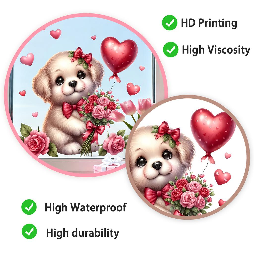 Dog Holding Flowers and Hearts Static Cling Window Stickers No Glue Needed for Bedroom Living Room Balcony Removable Reusable
